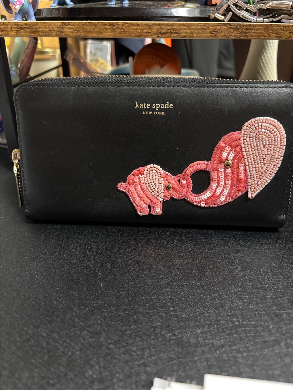 kate spade Black Wallet with Pink Beaded Elephant